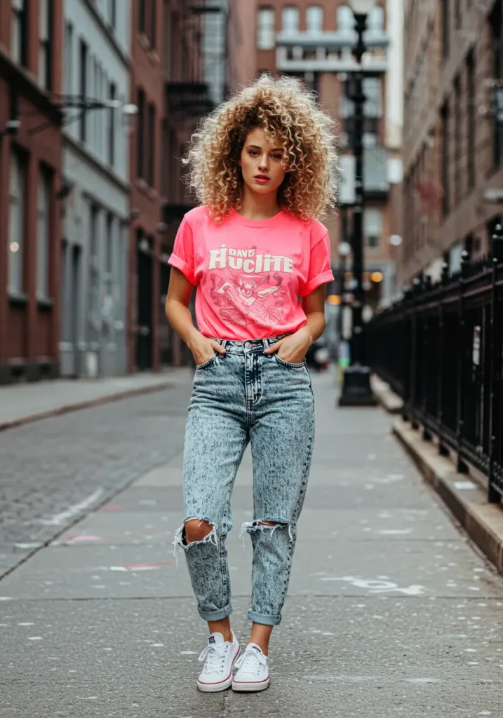 Acid-washed jeans + neon tee + sneakers.
