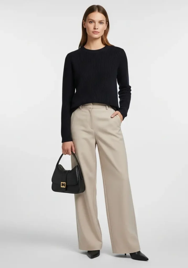 Create Vertical Lines with Monochrome Dressing-Wearing Wide-Leg Pants
