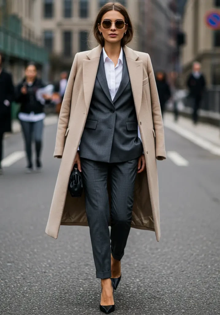 Layer with Structured Outerwear-Wearing Wide-Leg Pants