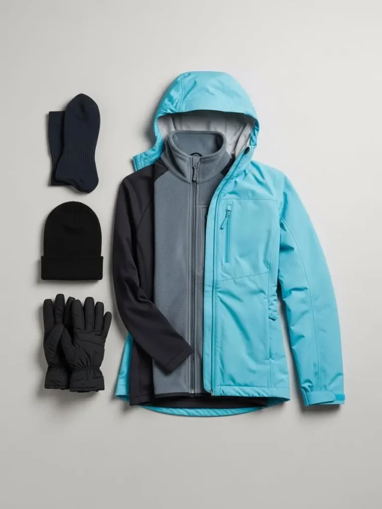 Flat lay showing base layer, warm layer, and light shell for skating.