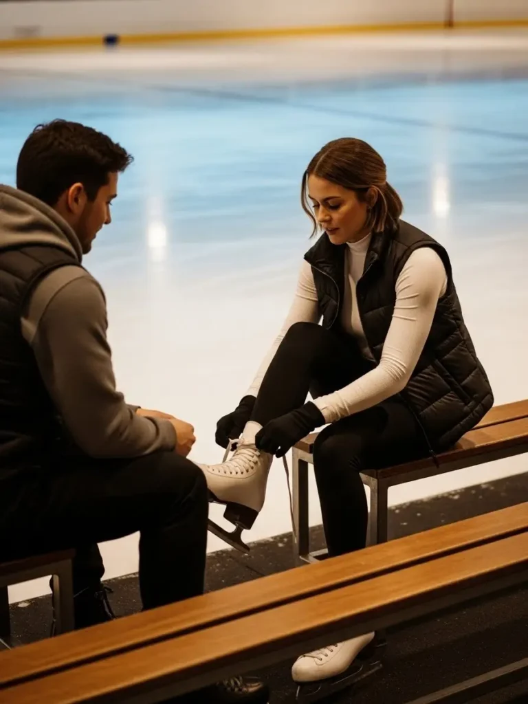 Casual date-night ice skating outfit with leggings and puffer vest.